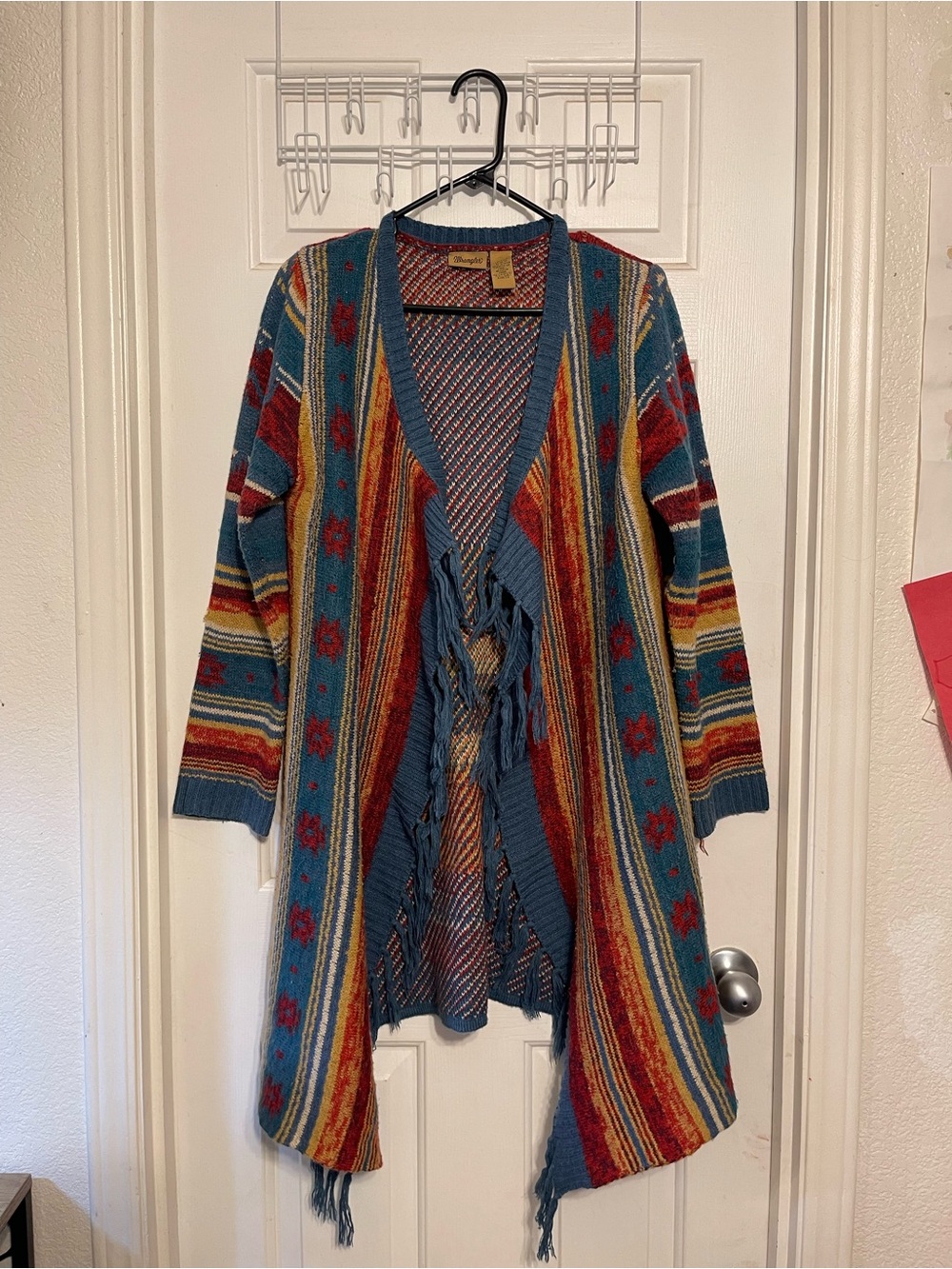 Wrangler Boho Fringe Open-Front Cardigan Sweater - Blue Multi aztec western prin